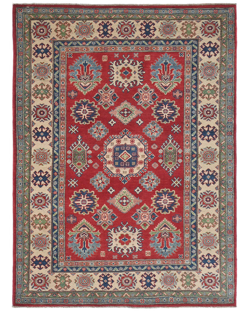 5x7 Red Kuba Afghan Hand Knotted Wool Area Rug